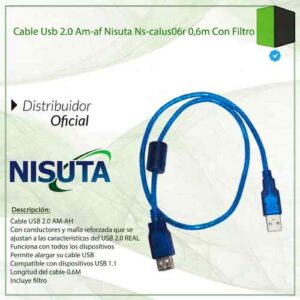 CABLE USB 2.0 ALARGUE M A H  0,6MTS MALLADO BULK CON FILTRO NS-CALUS06R NISUTA(NS-CALUS06R) - Imagen 2