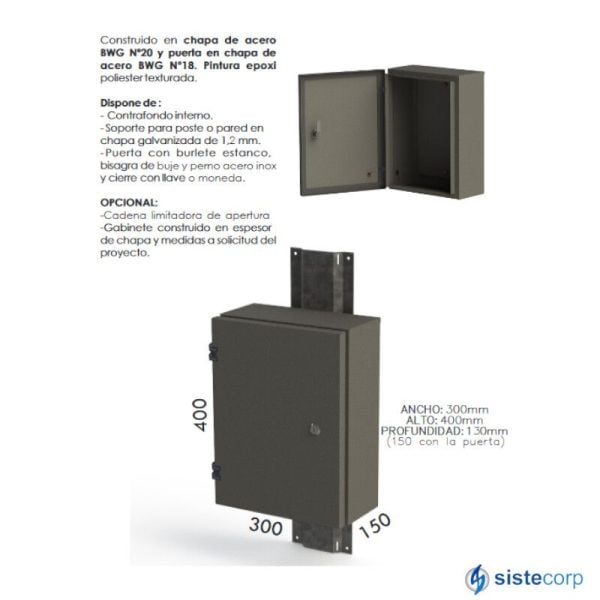 GABINETE METALICO PARA POSTE O PARED 300x400x150 (para exteriores)