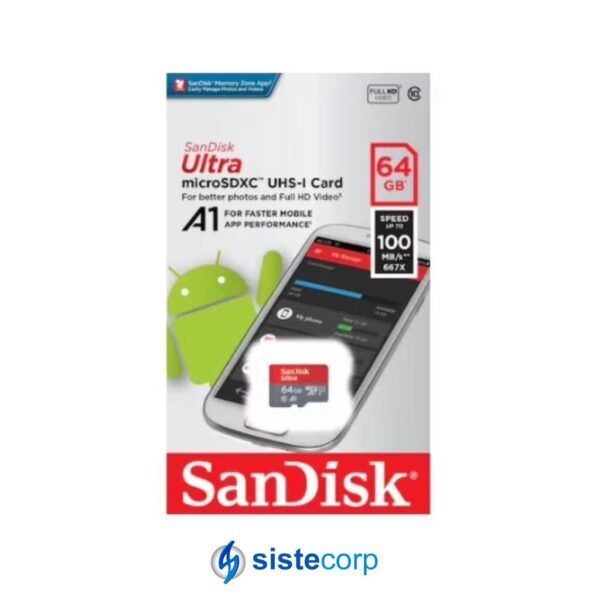 MICRO SD 64GB SANDISK A1 UHS-I CON ADAPTADOR (SDSQUAR-064G-GN6MN)